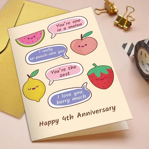 Vista 4 de Qiliji Tarjeta de 4º aniversario para marido y esposa, divertida tarjeta de aniversario de 4º aniversario de boda, tarjeta de juego de palabras
