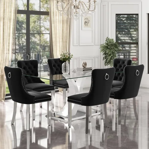 Vista 9 de Juego de comedor de cristal moderno de lujo de 7 piezas, juego de cena rectangular minimalista grande para 6, mesa de cocina de cristal transparente