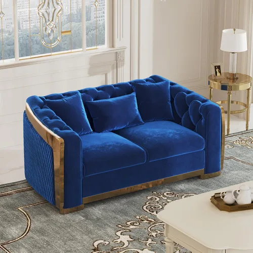 Vista 22 de DAMAIFROM Sofá Chesterfield moderno de mediados de siglo, sofá de terciopelo de 62" blanco y dorado, sofá biplaza curvo de lujo para sala de estar