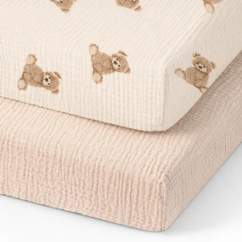 Vista 21 de Sábanas orgánicas para cuna de bebé de 33 x 17 pulgadas, 100% algodón de muselina para bebé, niña, niño, funda de colchón ajustable suave compatible
