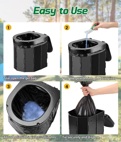 Vista 9 de 40 bolsas de inodoro portátiles con juego de 40 poo gel, bolsa de inodoro de campamento de 12 galones con poder ecológico súper absorbente, bolsas