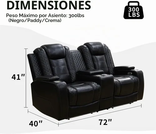 Vista 2 de Sofá reclinable con luces LED, sofá reclinable de cuero con dos asientos reclinables/puerto USB/consola de almacenamiento/soporte para vasos