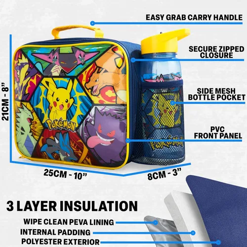 Vista 4 de Get Trend Pokemon - Lonchera aislada de 3 piezas, con caja Bento reutilizable y botella de agua de 21.6 onzas líquidas sin BPA con pajilla, lonchera
