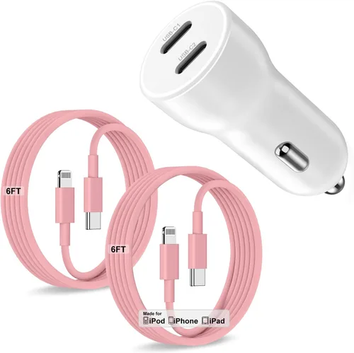 Vista 13 de Cargador de coche para iPhone 17 16 15 de carga rápida, cargador de coche USB C de doble puerto de 40 W con 2 cables USB C de 3 pies, adaptador