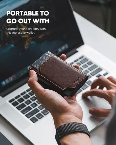 Vista 2 de VULKIT Tarjetero de crédito con bolsillo para monedas, cierre magnético, cartera para tarjetas emergente, bloqueo RFID, funda de piel minimalista