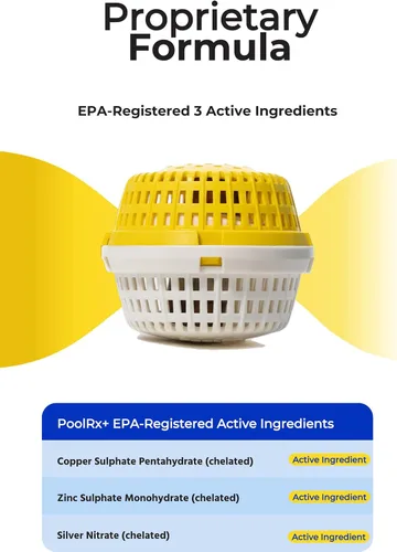 Vista 2 de PoolRx + Paquete de 4 unidades de algicida mineral, control de algas de hasta 6 meses, para 100-400 galones, amarillo y blanco, nueva fórmula