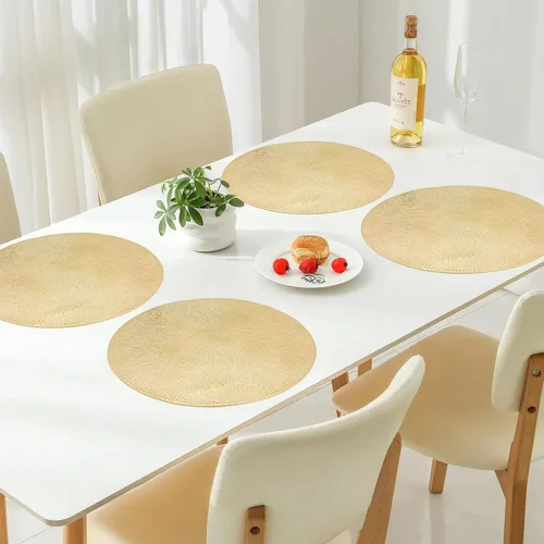 Vista 8 de Juego de 6 manteles individuales redondos dorados de vinilo metálico antideslizantes, manteles individuales para mesa de cocina, manteles