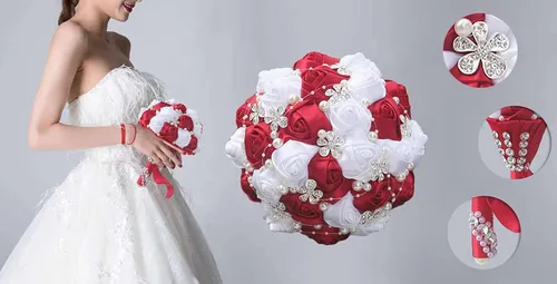 Vista 2 de XINNI Ramo de boda negro para novia, dama de honor, satén con diamantes de imitación y perlas para boda, fiesta de quinceañera, negro y marfil