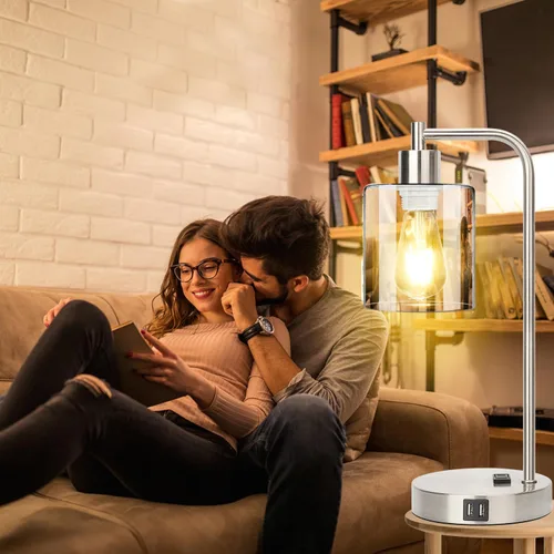 Vista 6 de Juego de 2 lámparas de mesa con control táctil industrial - Lámparas de mesita de noche en níquel cepillado con 2 puertos USB y enchufe de CA