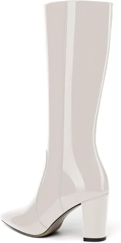 Vista 196 de AMBELIGHT Botas altas hasta la rodilla con cremallera y puntera puntiaguda para mujer, de patente sólida, tacón alto, 3.3 pulgadas