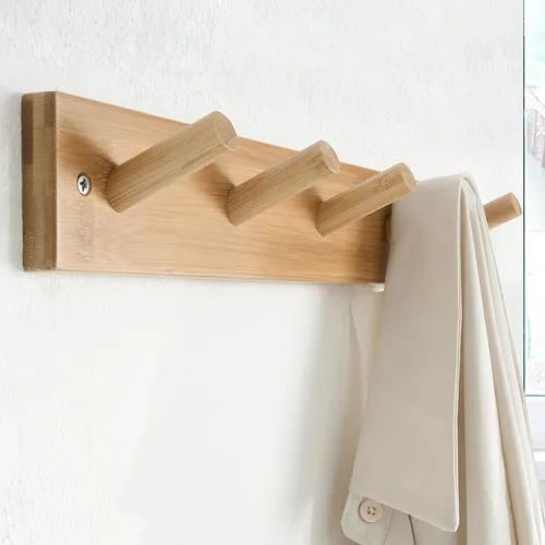 Vista 3 de SKOLOO Perchero de Pared de Bambú Montado en la Pared, 16 Pulgadas de Agujero a Agujero, 5 Clavos de Bambú para Pared para Colgar Ropas, Batas