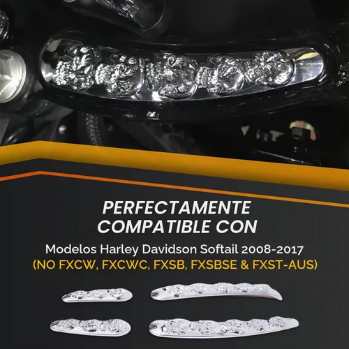Vista 6 de Inserto de marco de basculante de calavera cromada 3D personalizada 4 piezas para modelos Harley Davidson Softail 2008-2017