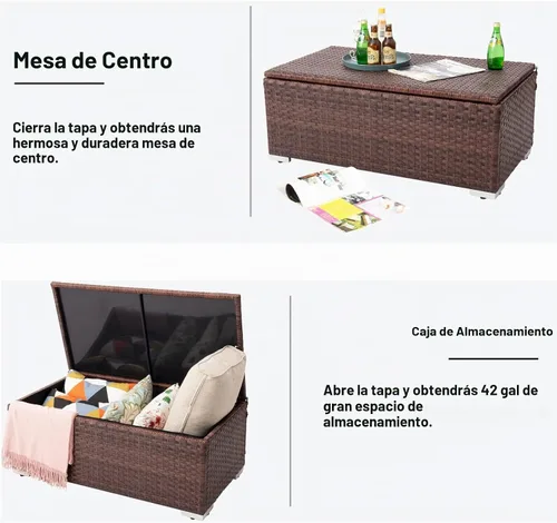 Vista 3 de DIMAR GARDEN Mesa de almacenamiento al aire libre de 42 galones, caja de almacenamiento de mimbre para patio con cubierta impermeable, marrón
