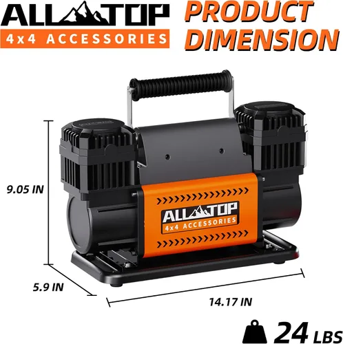 Vista 5 de ALL-TOP Compresor de Aire de Doble Cilindro con Kit Inflador de Neumáticos con Manómetro de Presión Digital, Inflador Portátil 12V 12.35 pies³/Min