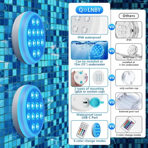 Vista 2 de QOLNBY Luces de piscina, luces LED sumergibles recargables mejoradas con control remoto, luces subacuáticas impermeables IP68, luces flotantes