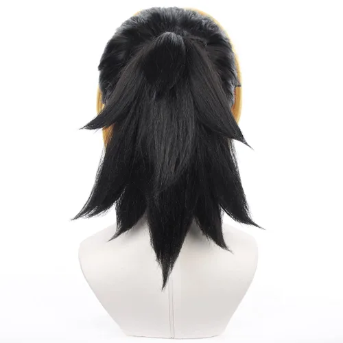Vista 5 de maysuwell Makio - Peluca de anime Demon Slayer Cosplay peluca naranja y negro pelo corto para Halloween, carnaval, fiesta de disfraces con gorra