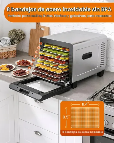 Vista 2 de Máquina deshidratadora de alimentos, secadora de acero inoxidable de 720 W con 8 bandejas con puerta de ventana transparente, control digital