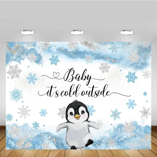 Vista 5 de MEHOFOND Telón de fondo de invierno para baby shower de pingüino de 7 x 5 pies para niños, bebé hace frío afuera, fondo de acuarela azul, animales