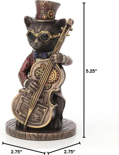 Vista 6 de Veronese Design Figura de animal de resina de 5 1/4 pulgadas de alto Steampunk Cat Funky Fresh Jazz Bass Musician Resin Animal Acabado Bronce