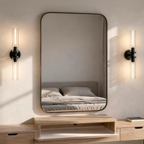 Vista 9 de Juego de 2 apliques de pared, lámparas de baño cableadas, iluminación de pared moderna para tocador de baño con pantalla de vidrio transparente