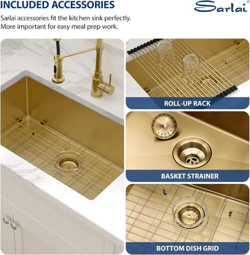 Vista 6 de Sarlai Gold Fregadero de Cocina Empotrado - Fregadero de Cocina de 28 Pulgadas Empotrado de Acero Inoxidable Dorado Tazón Individual de 28" x 19
