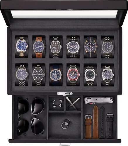 Vista 8 de ROTHWELL Caja de reloj de lujo para 12 relojes, caja de reloj de cuero PU con tapa de vidrio real, cajón deslizable para accesorios con múltiples