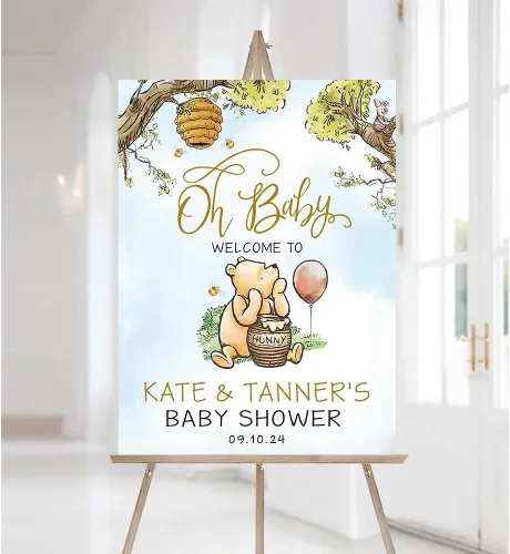 Vista 9 de Letrero de bienvenida personalizado de Bear Pooh para baby shower, regalos clásicos personalizados para bebés, niños y niñas, decoraciones de oso #12