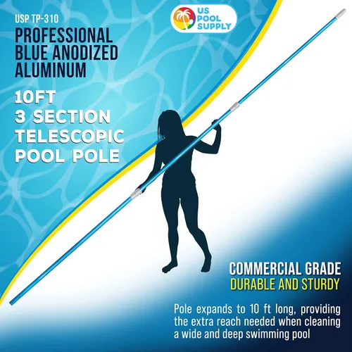 Vista 2 de U.S. Pool Supply Poste telescópico de piscina de 10 pies – Red de aluminio para piscina, rastrillo, cepillo, mango de cabeza al vacío, adjunta