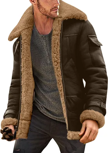 Vista 2 de Chaqueta de piel sintética para hombre, chaqueta de piel sintética de gamuza, abrigo de invierno casual con solapa y forro de sherpa