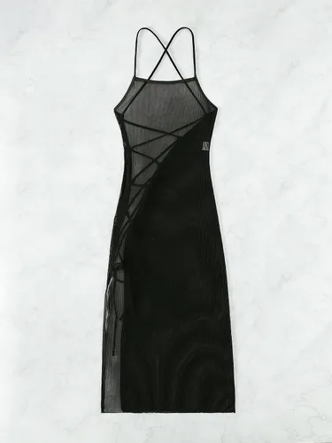 Vista 5 de GORGLITTER Vestido de malla cruzada para mujer, con cordones, sin mangas, para cubrir el traje de baño