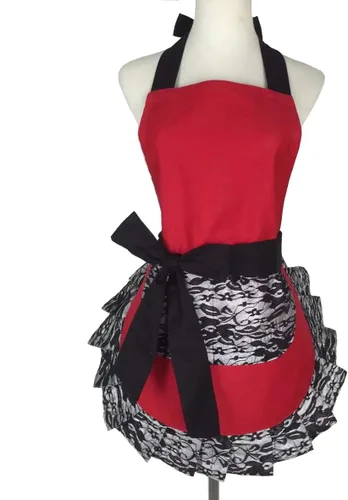 Vista 6 de Hyzrz Bonito delantal de encaje coqueto con bolsillo, divertido delantal retro sexy de cocina para mujeres y niñas (negro)