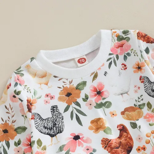 Vista 3 de Ropa de otoño para bebé, niña y niño, sudadera con cuello redondo y estampado de flores, pantalones largos, 2 piezas