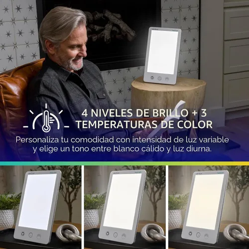 Vista 3 de Verilux HappyLight Luxe - Lámpara de terapia de luz con 10,000 Lux, sin UV, luz blanca brillante LED con brillo ajustable, color, temporizador