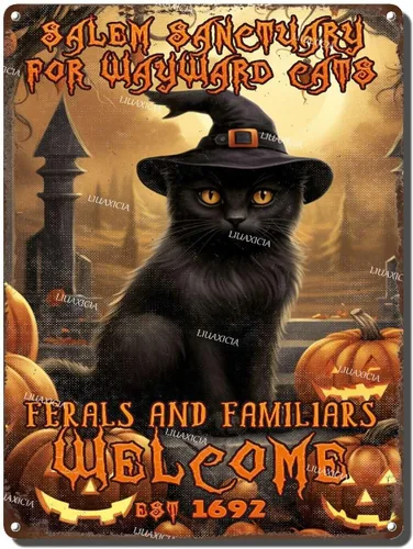 Vista 8 de Letrero decorativo de metal Salem Sanctuary for Wayward Cats Cat Halloween para bares, restaurantes, bares, hoteles, zoológicos, cafeterías, 8.00 x