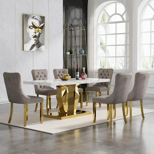 Vista 26 de Juego de 5 mesas de comedor de mármol sintético, juego de mesa de cocina y comedor para 4, mesa de comedor rectangular blanca de 70 pulgadas