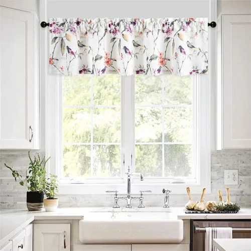Vista 13 de VOGOL Cenefa de pájaro y bayas, decoración clásica de ventana de campo americano con estampado botánico, cortina de bolsillo para barra fácil