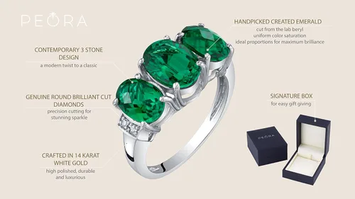 Vista 4 de Peora Anillo trino de tres piedras de oro blanco macizo de 14 quilates y piedras preciosas auténticas o creadas para mujer, tallas 5 a 9, Metal
