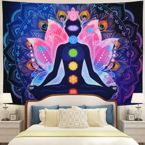 Vista 2 de Maccyafst Seven Chakra Yoga Meditación Colgante de Pared – Colorido Mandala Indio Hippie Chakra Tapiz para habitación de estudio (H51.2 W59.1)