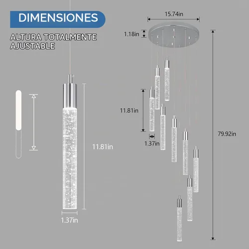Vista 5 de Lámpara colgante de cristal cromado, 9 luces, regulable, 54 W, 6000 K, escalera, grande, vestíbulo, sala de estar, vestíbulo, techo alto Cromo