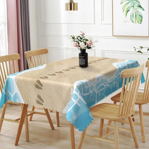 Vista 19 de Mantel oblongo, diseño de playa de 52 x 70 pulgadas, diseño de playa con estrellas de mar y olas de mar, con decoración impermeable y resistente a
