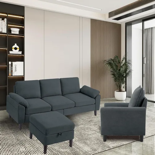 Vista 7 de Juego de 2 sofás para sala de estar, sofás convertibles en forma de L de 3 asientos con otomana y silla decorativa, sofá moderno de lino para Gris