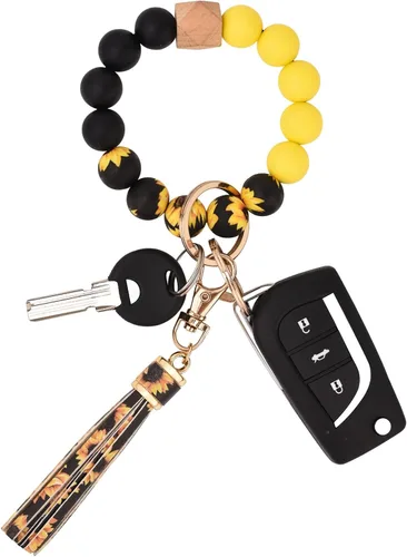 Vista 9 de BAOSIWA Pulsera de cuentas de silicona, llavero de pulsera, cadena para mujer, con borla de cuero Negro