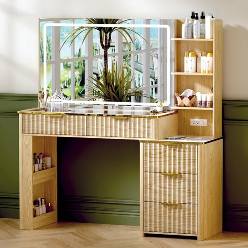 Vista 9 de Escritorio de tocador de 51 pulgadas con toma de corriente, tocador de maquillaje con espejo y luces, 3 modos de iluminación, mesa de tocador