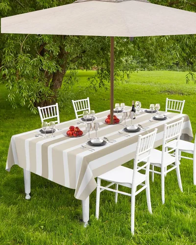 Vista 2 de Mantel rectangular para exteriores con agujero para sombrilla y cremallera, a rayas blancas y beige, 52 x 70 pulgadas, impermeable, para exteriores