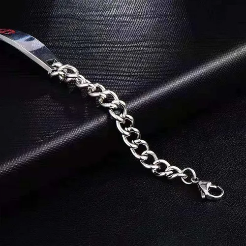 Vista 4 de TGLS Pulsera de alerta médica roja para mujeres y hombres, pulsera de emergencia de primeros auxilios de salud grabada ajustable de acero inoxidable