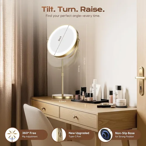 Vista 6 de Espejo de maquillaje con luces, 1x/20x 360°, espejo de maquillaje iluminado ajustable con brillo, espejo de maquillaje con aumento, espejo