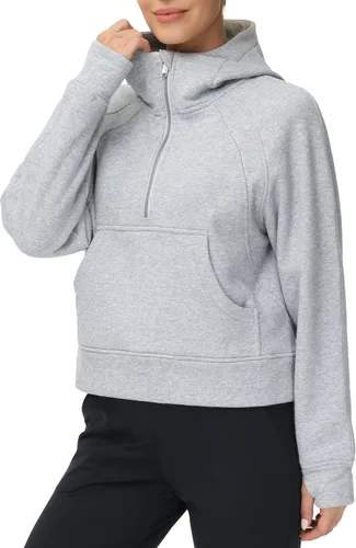 Vista 2 de THE GYM PEOPLE Sudaderas con capucha para mujer, media cremallera, manga larga, forro polar, con bolsillos, agujero para el pulgar