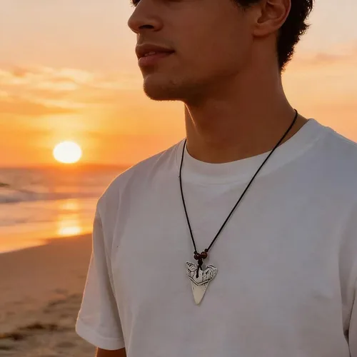 Vista 6 de Collar de Diente de Tiburón Ymimanchil - Collar de Dientes de Tiburón de Verano para Hombres - Collar de Surfista de Playa - Collar de Cuero