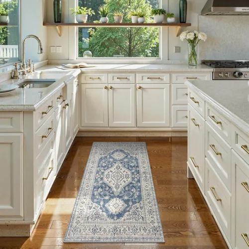 Vista 3 de Lahome Alfombra oriental lavable de área pequeña, 2 x 3 pies, para entrada, cocina, ultra fina, suave, tapete antideslizante para puerta de Azul