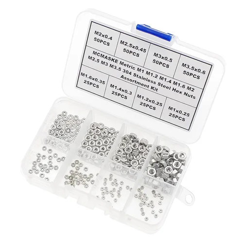 Vista 3 de Kit surtido de 300 tuercas hexagonales métricas M1 M1.2 M1.4 M1.6 M2 M2.5 M3 M3.5 304 para tornillos y pernos